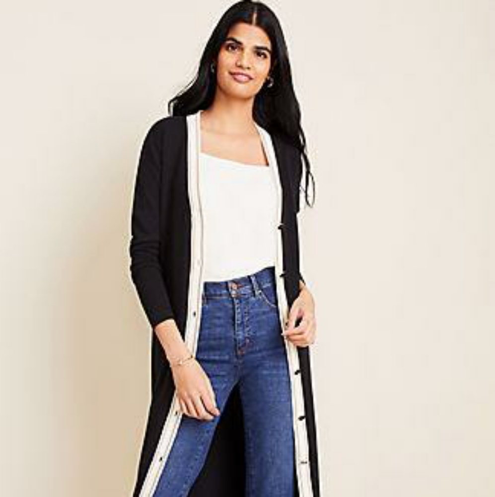 Ann Taylor Contrast Trim Long Cardigan Sweater